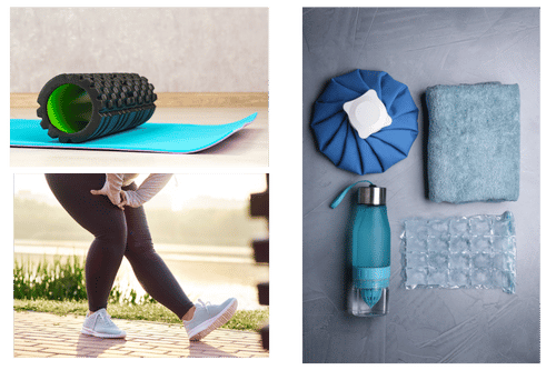 woman stretching, foam roller, water, cold ice packs