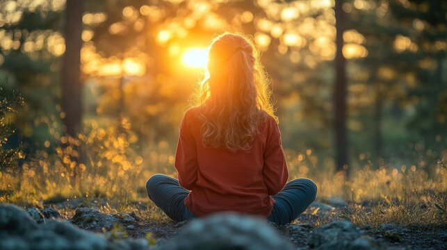 woman facing sunset in wooded area in a meditative state