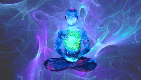 Abstract depiction of a meditative figure sitting cross-legged, illuminated by vibrant blue and purple energy waves, with a glowing green light radiating from their chest, symbolizing healing and inner balance.