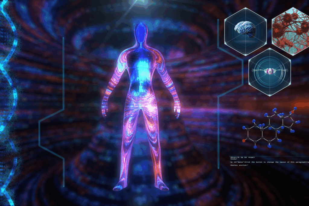 human body emulating energy, chakras, brain and chemistry