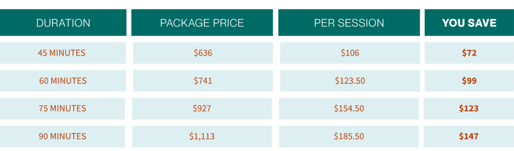 Healing Intensive session pricing for 45, 60, 75, and 90 minutes