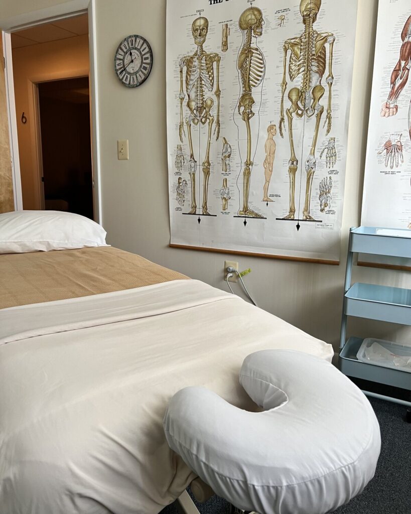 A treatment room at The Teal Center, Arlington VA, with its skeletal anatomy chart